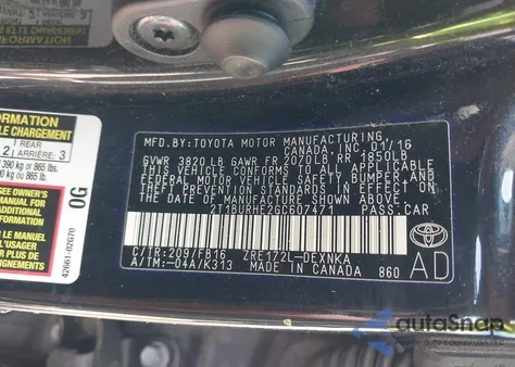 2016 Toyota Corolla Le from USA, damaged, VIN 2T1BURHE2GC607471